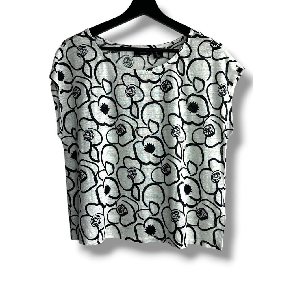 Tahari Floral Linen Top Womens Large White Black Short Sleeve Scoop Neck AW31821